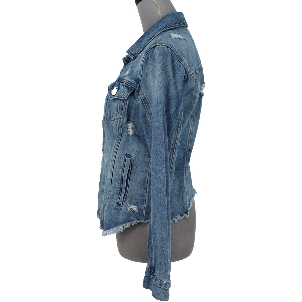 Blank NYC Jean Jacket Womens XS Blue Cotton Denim Raw Hem Distressed FLAW - Picture 13 of 16